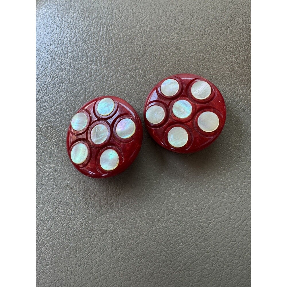 Vintage Red with White Large Polka Dots BAKELITE Clip On Earrings- Rare